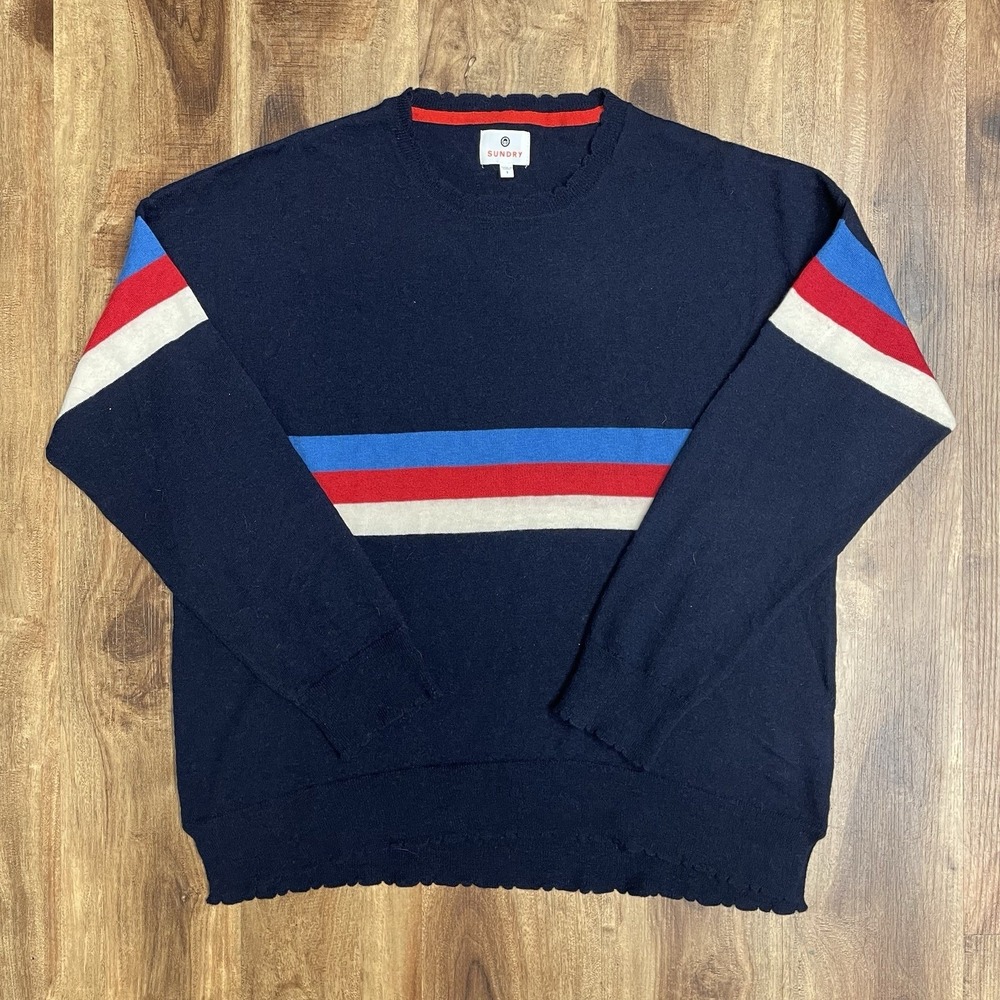 SUNDRY Crew Neck Pullover Sweater, Wool Cashmere Blend Size 1 Striped Navy Red